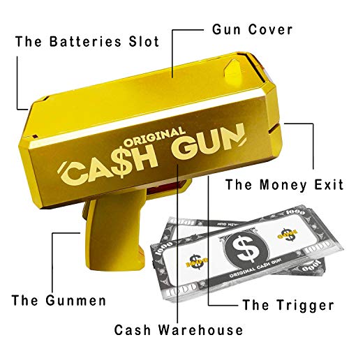 Pistola de Efectivo Original | Money Gun | Oro | Pistola de Lanzamiento de Dinero | Haz Que llueva | Party Gun | 100 facturas Falsas Incluidas | Accesorio | Juego | Fiesta | OriginalCup®