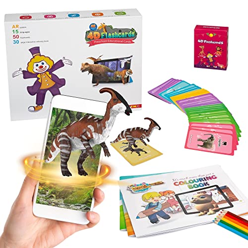 Profit Tarjetas Animales para niños - Juego Educativo con 50 flashcards y Tres Cuadernos para Colorear, Cartas interactivas 4D Dinosaurios en 13 Idiomas.Juego de Mesa para la Familia