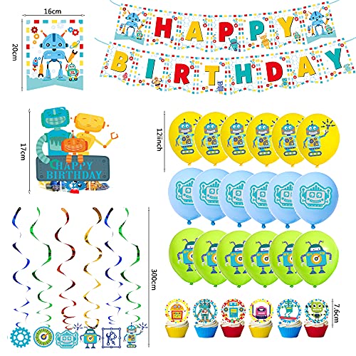 rosepartyh Decoraciones de Cumpleaños Robot Globos Pancarta de Feliz Cumpleaños Adorno para Tarta Colgantes de Remolinos para Niños Suministros de Fiesta Cumpleaños Temáticos Robot