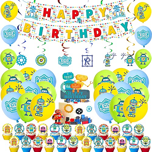 rosepartyh Decoraciones de Cumpleaños Robot Globos Pancarta de Feliz Cumpleaños Adorno para Tarta Colgantes de Remolinos para Niños Suministros de Fiesta Cumpleaños Temáticos Robot