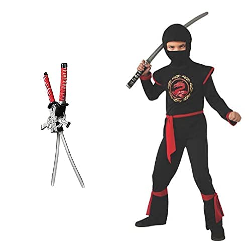 Rubie'S Disfraz De Ninja Set De Armas Ninja, Katanas A La Espalda Talla Única (6672) + Disfraz De Ninja Dragón para Niño, Negro Y Rojo, Infantil 8-10 Años (887057-L)