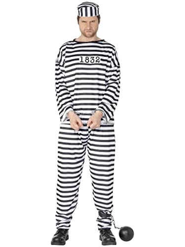 Smiffys-96318M Disfraz de convicto, con camisa, pantalón y gorro, color negro y blanco, Tamaño - M