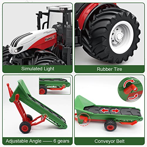 Tractor RC con cinta transportadora, Fisca 2.4G 1:24, vehículo de construcción teledirigido, tractor RC altamente simulado, tractor agrícola con luz y sonido..