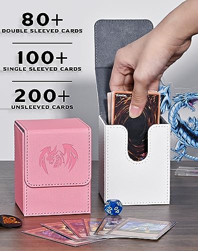 UAONO Caja de cartas para tarjetas Yugioh MTG, más de 100 fundas con 2 divisores para TCG CCG, caja de almacenamiento de tarjetas de piel sintética compatible con tarjetas coleccionables (blanco,