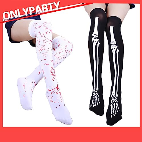 Uposao 5 pares de calcetines esqueletos de Halloween y guantes de muerte de hueso medias sobre la rodilla guantes de esqueleto para Halloween decoración fiesta cosplay disfraz adultos y adolescentes