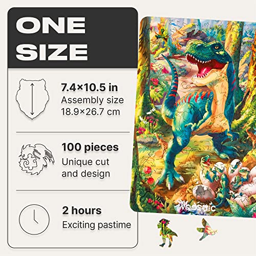 WOOSAIC Rompecabezas Originales de Madera de Dinosaurio - Imagen de Tiranosaurio Rex Gigante, 100 Piezas,18.9 х 26.7 cm, Piezas Únicas con Forma de Dinosaurio, Incluye un Juguete de Dinosaurio en 3D