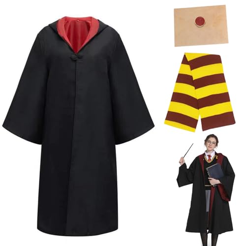 YIMOJOY Disfraz de Mago Potter Adulto con Bufanda,Gryffindor Carta de Admisión Hogwarts Hermione Granger Capa Disfraz de Mago Gryffindor Capa para Carnaval Halloween Cosplay(155CM)