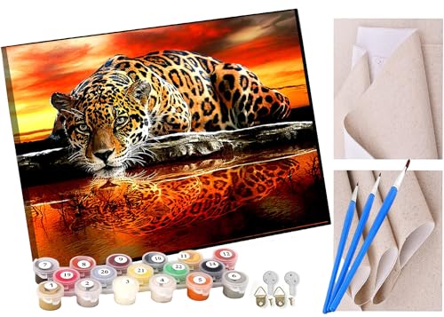 ZoiKom Pintar por Numeros para Adultos Niños Pintura por Números con Pinceles y Pinturas Decoraciones, DIY Pinturas para el Hogar- Animal puesta de sol leopardo reflejo en el agua(16 * 20 Pulgadas)