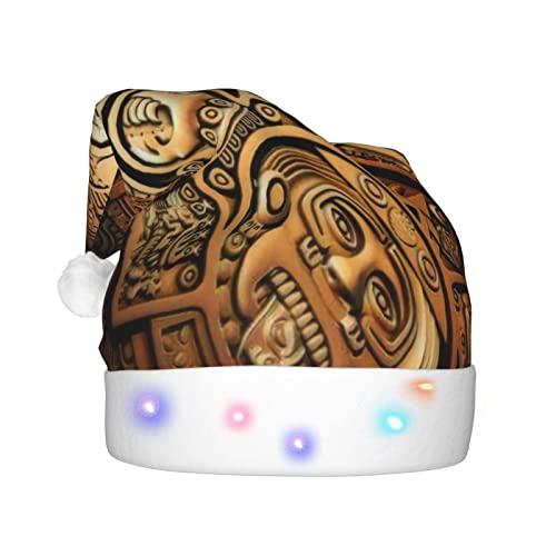 ZORIN Sombrero de Navidad con calendario azteca dorado con estampado de círculo, divertido sombrero de Papá Noel para adultos, sombrero de bola de felpa con luz LED para Navidad, fiesta de vacaciones