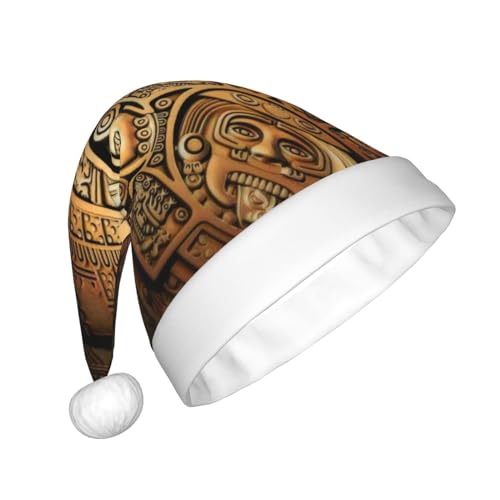 ZORIN Sombreros de Navidad con diseño de calendario azteca dorado con estampado de círculos, divertido sombrero de Papá Noel para adultos, sombreros de bola de felpa para Navidad, fiesta de invierno