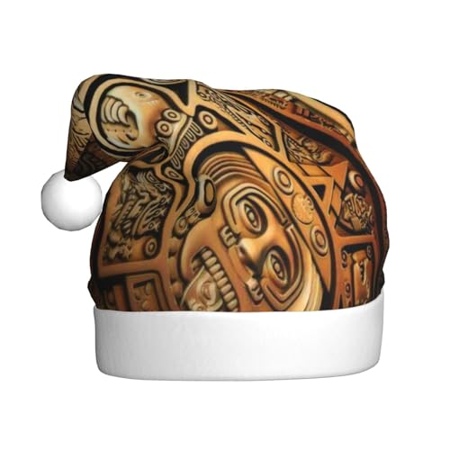 ZORIN Sombreros de Navidad con diseño de calendario azteca dorado con estampado de círculos, divertido sombrero de Papá Noel para adultos, sombreros de bola de felpa para Navidad, fiesta de invierno
