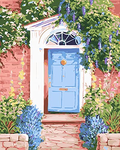 ZXDA Pintura al óleo de Bricolaje por números Pintura de Paisaje de Puerta Azul por números Pintado a Mano para decoración del hogar Regalo A7 40x50cm